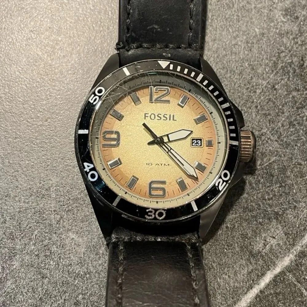 Fossil 42mm Mens Watch Vintage Style Dial and Thick Leather Band - New Battery
